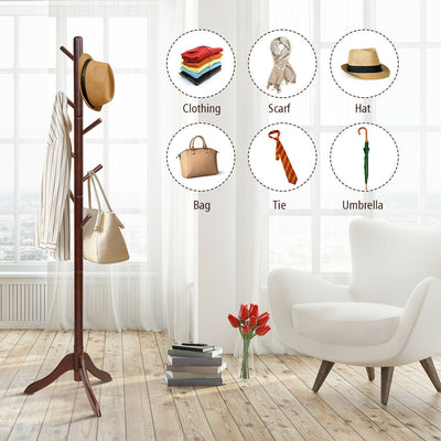 Adjustable Wooden Tree Coat Rack with 8 Hooks-Brown