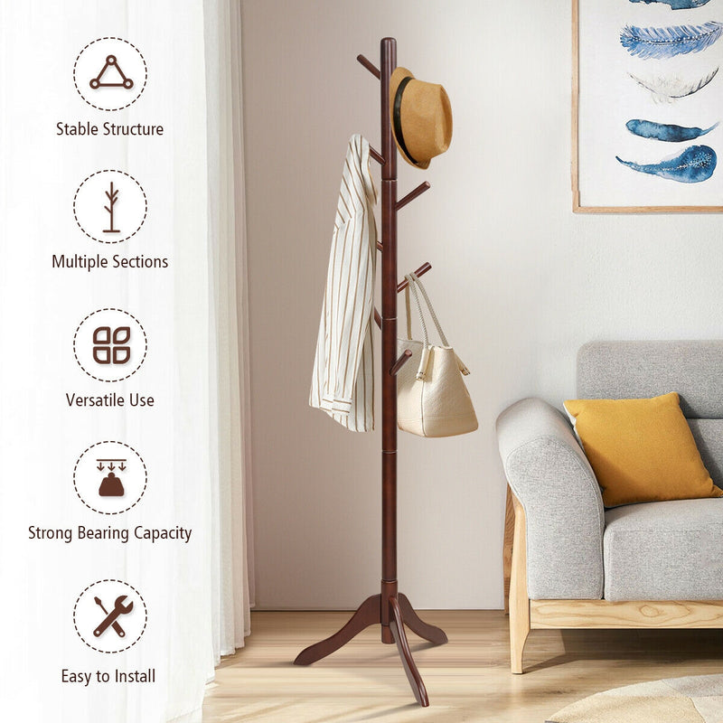 Adjustable Wooden Tree Coat Rack with 8 Hooks-Brown