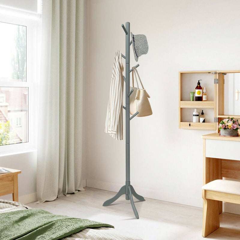 Adjustable Wooden Tree Coat Rack with 8 Hooks-Gray