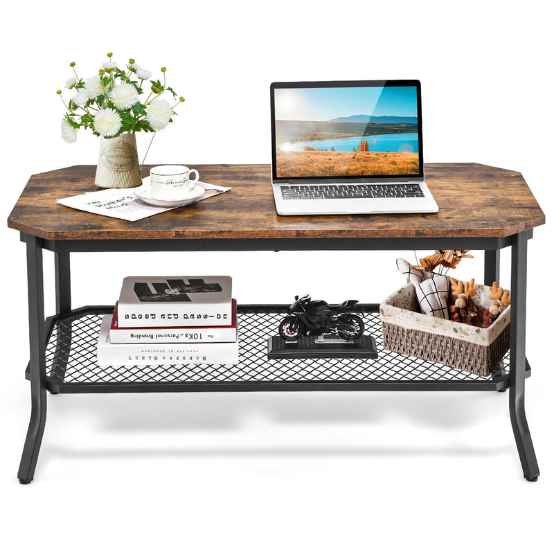 2-Tier Industrial Coffee Table Central Table with Metal Mesh Shelf for Living Room-Rustic Brown