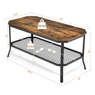 2-Tier Industrial Coffee Table Central Table with Metal Mesh Shelf for Living Room-Rustic Brown