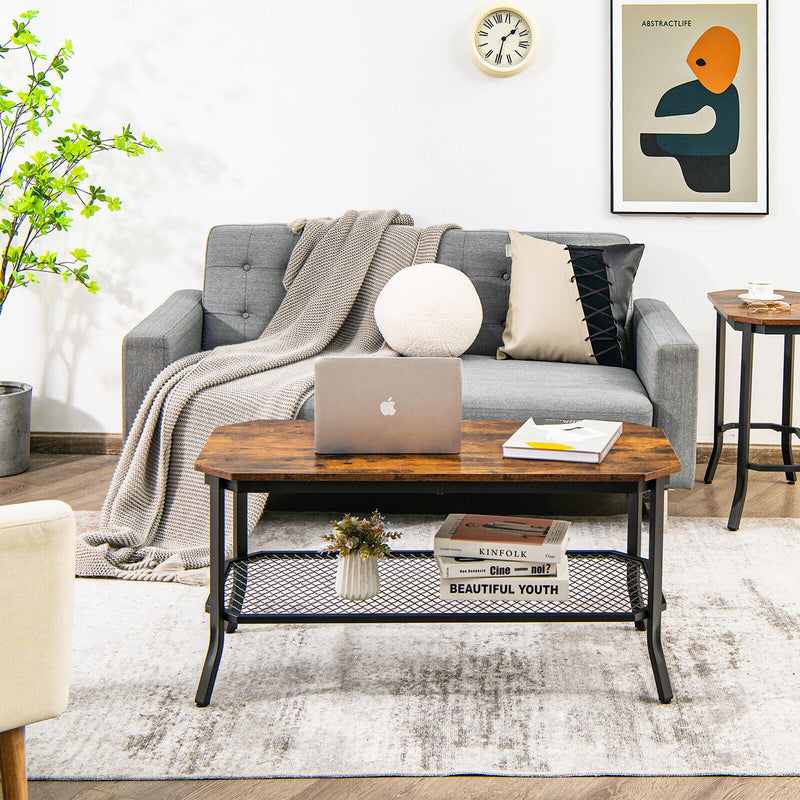 2-Tier Industrial Coffee Table Central Table with Metal Mesh Shelf for Living Room-Rustic Brown