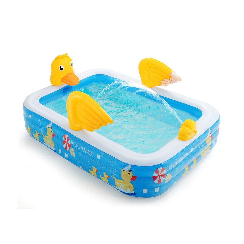 Inflatable Swimming Pool Duck Themed Kiddie Pool with Sprinkler for Age Over 3-Blue