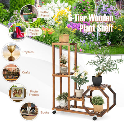 6-Tier Wooden Plant Stand with Wheels-Brown