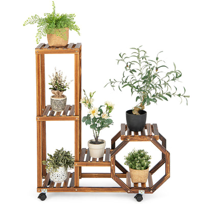 6-Tier Wooden Plant Stand with Wheels-Brown