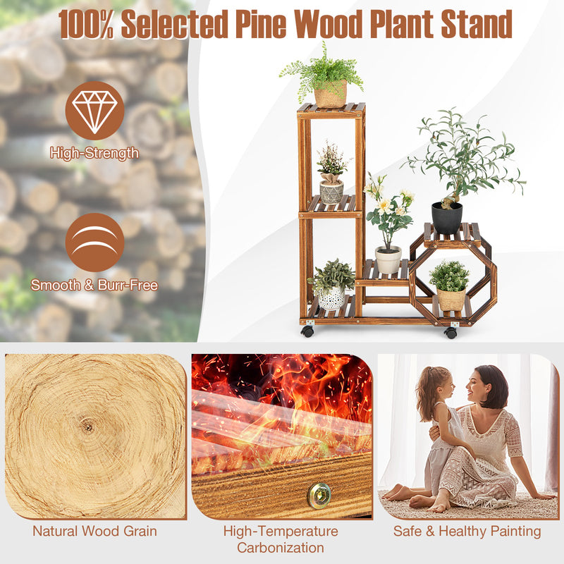 6-Tier Wooden Plant Stand with Wheels-Brown