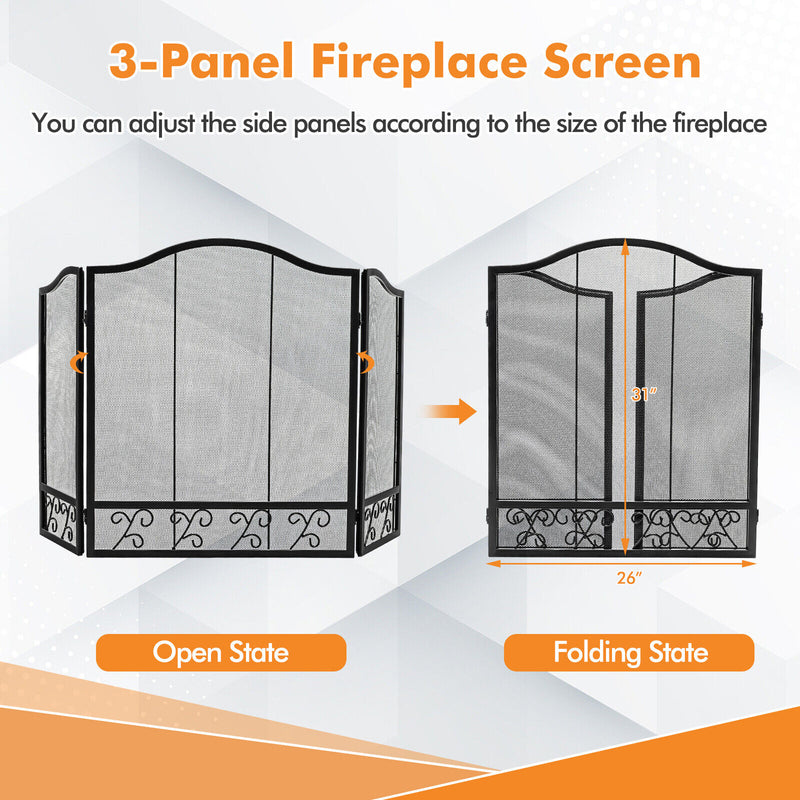 3-Panel Fireplace Screen Decorative Spark Guard