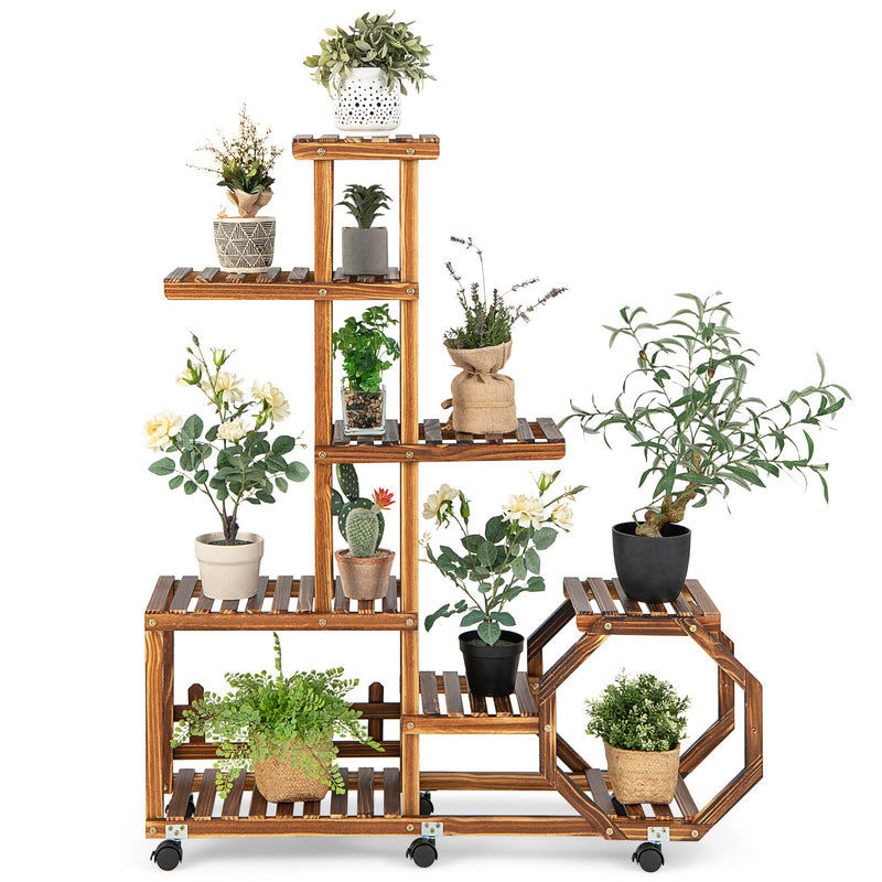 8-Tier Plant Stand with Lockable and Detachable Wheels for 12 Pots-Brown