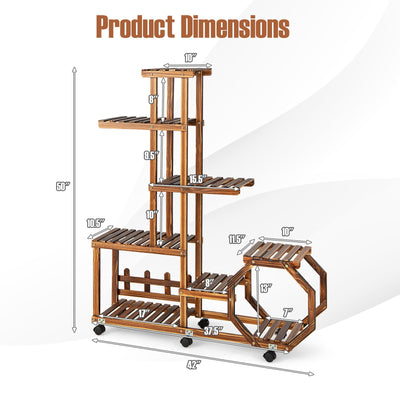 8-Tier Plant Stand with Lockable and Detachable Wheels for 12 Pots-Brown