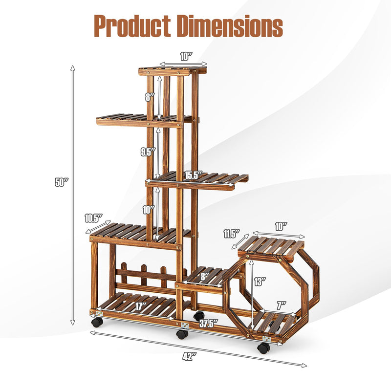 8-Tier Plant Stand with Lockable and Detachable Wheels for 12 Pots-Brown