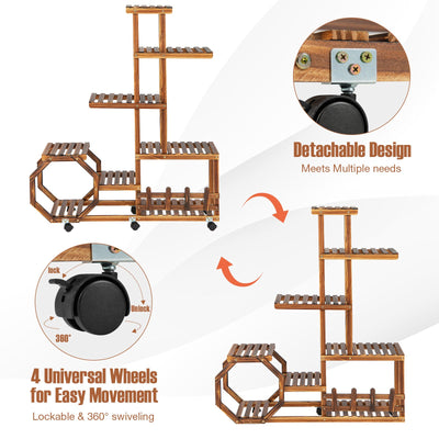 8-Tier Plant Stand with Lockable and Detachable Wheels for 12 Pots-Brown