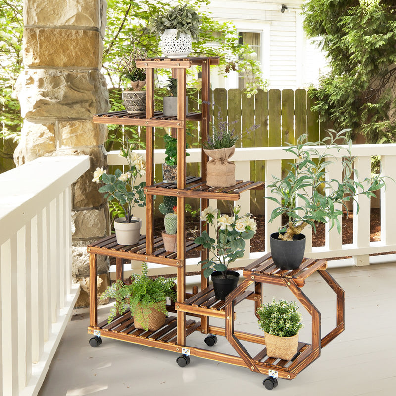 8-Tier Plant Stand with Lockable and Detachable Wheels for 12 Pots-Brown