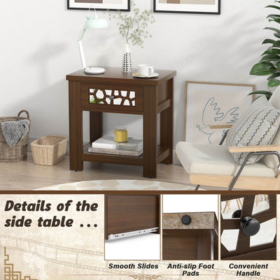 Wood Retro End Table with Mirrored Glass Drawer and Open Storage Shelf-Brown