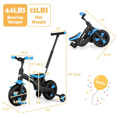 5-in-1 Multifunctional Kids Bike with Detachable Push Handle-Blue