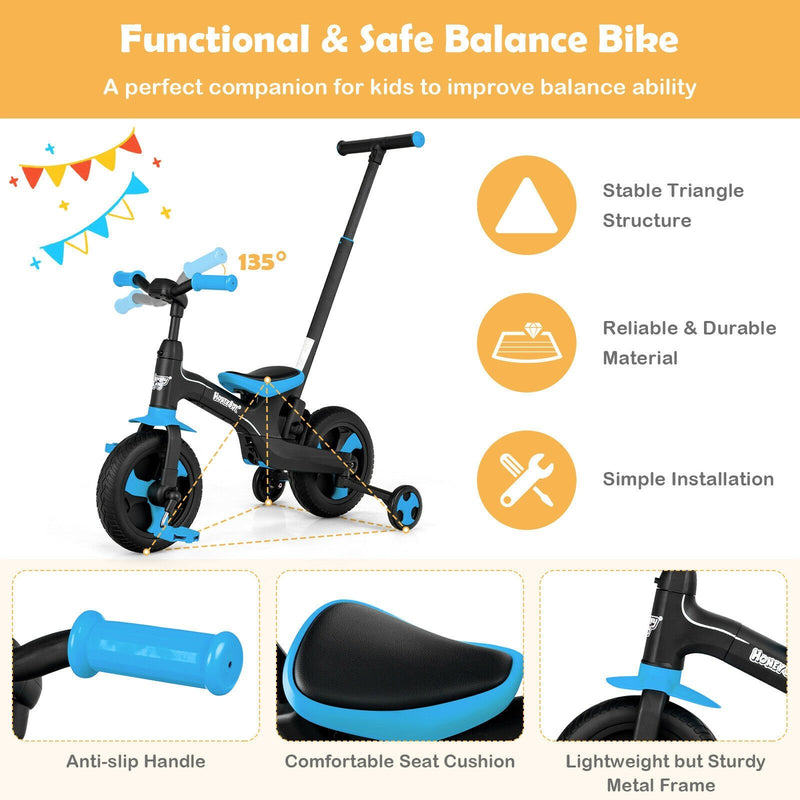 5-in-1 Multifunctional Kids Bike with Detachable Push Handle-Blue