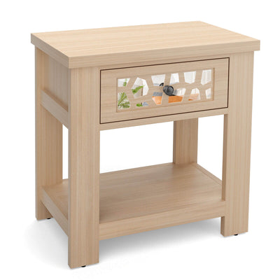 Wood Retro End Table with Mirrored Glass Drawer and Open Storage Shelf-Natural