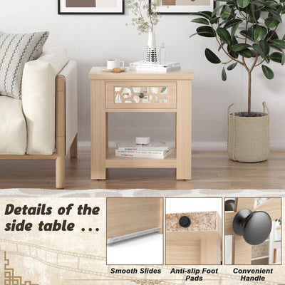 Wood Retro End Table with Mirrored Glass Drawer and Open Storage Shelf-Natural