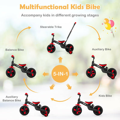 5-in-1 Multifunctional Kids Bike with Detachable Push Handle-Red