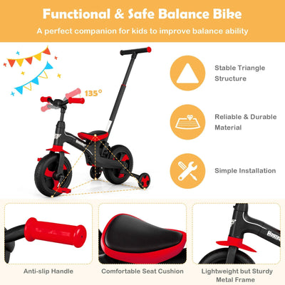 5-in-1 Multifunctional Kids Bike with Detachable Push Handle-Red