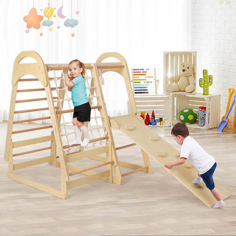 6-in-1 Wooden Kids Jungle Gym Playset with Slide Climbing Net-Natural