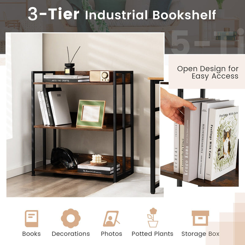 3/5-Tier Industrial Bookshelf Storage Shelf Display Rack with Adjustable Shelves-3-Tier