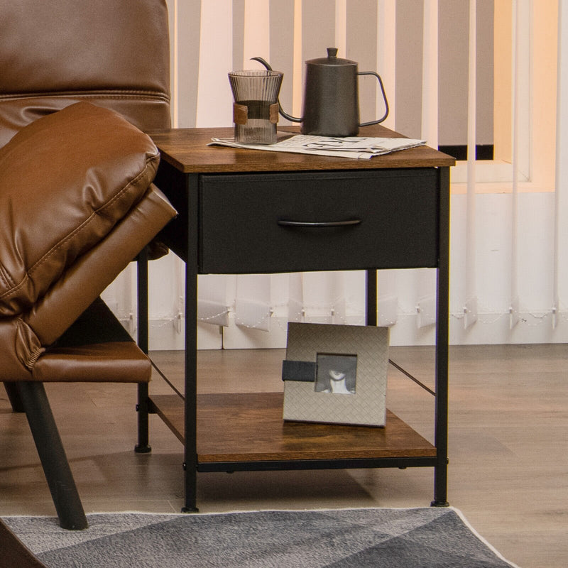 2 Tiers Wood Nightstand with Drawer for Bedroom and Living Room-Rustic Brown