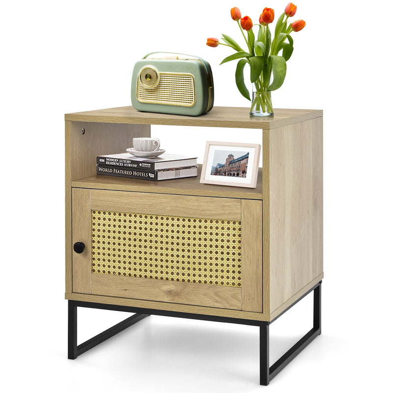 Wooden Side End Table with Cabinet and Rattan Decorated Door-Natural