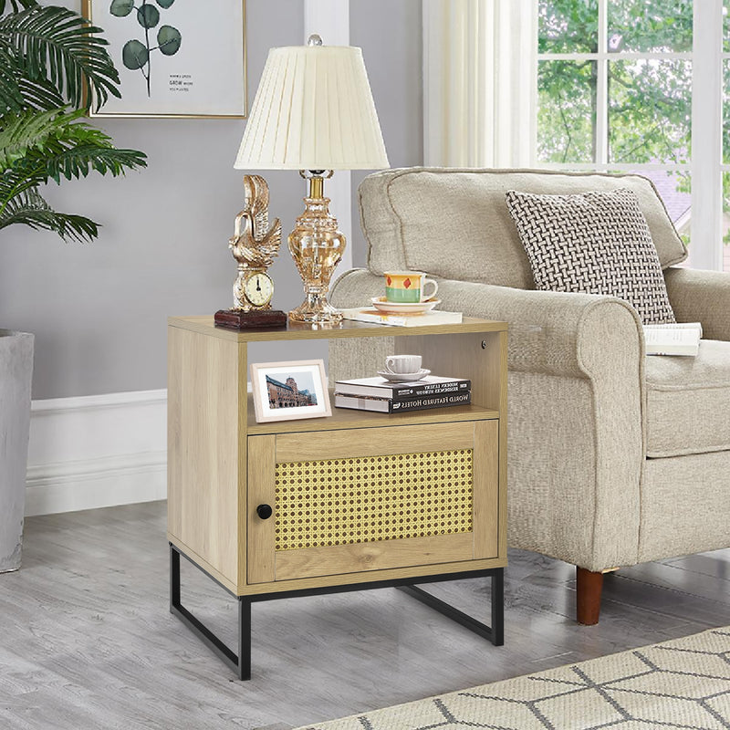 Wooden Side End Table with Cabinet and Rattan Decorated Door-Natural