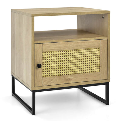 Wooden Side End Table with Cabinet and Rattan Decorated Door-Natural