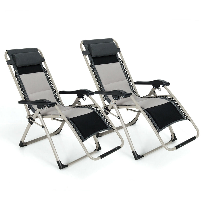 2 Pieces Padded Adjustable Folding Zero Gravity Reclining Lounge Chair-Black