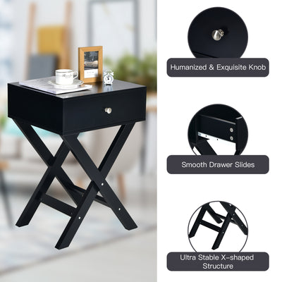 Modern X-Shaped Nightstand with Drawer for Living Room Bedroom-Black