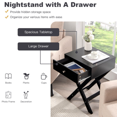 Modern X-Shaped Nightstand with Drawer for Living Room Bedroom-Black