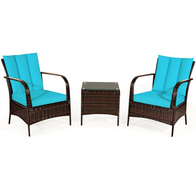 3 Pieces Patio Conversation Rattan Furniture Set with Cushions-Turquoise