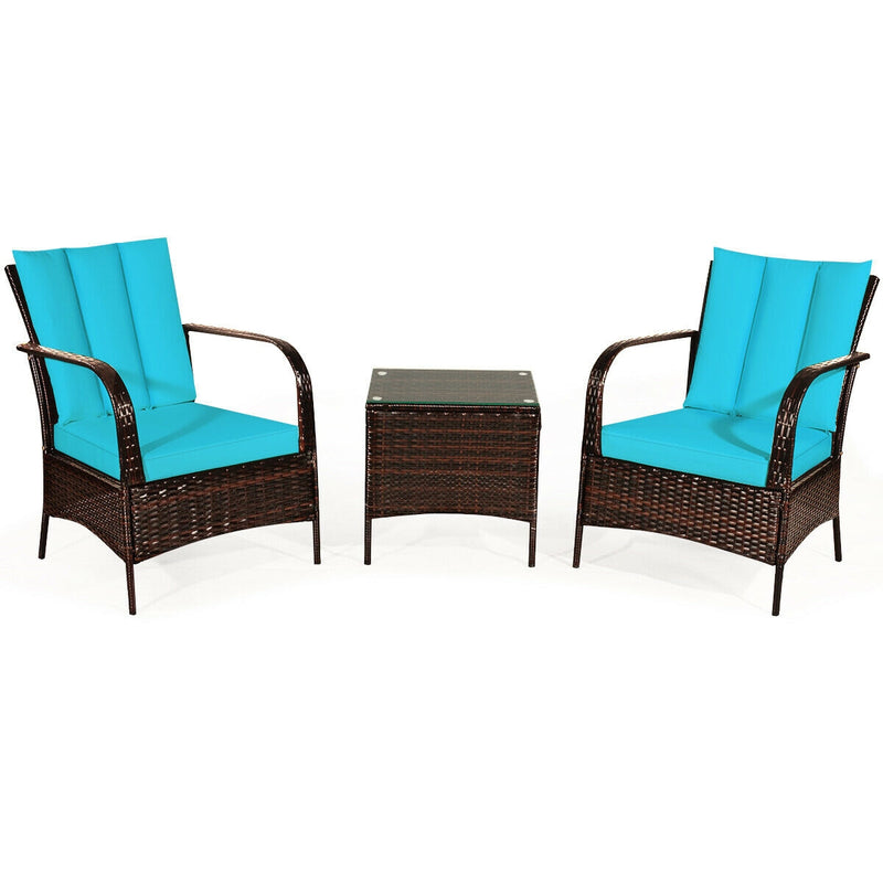 3 Pieces Patio Conversation Rattan Furniture Set with Cushions-Turquoise