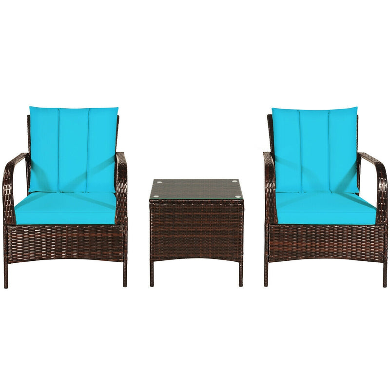 3 Pieces Patio Conversation Rattan Furniture Set with Cushions-Turquoise