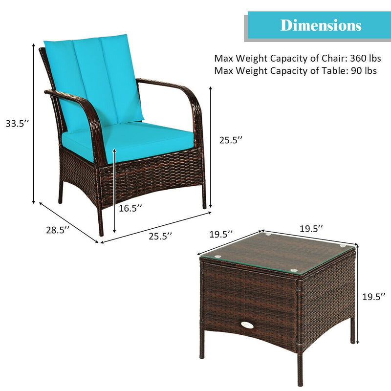 3 Pieces Patio Conversation Rattan Furniture Set with Cushions-Turquoise