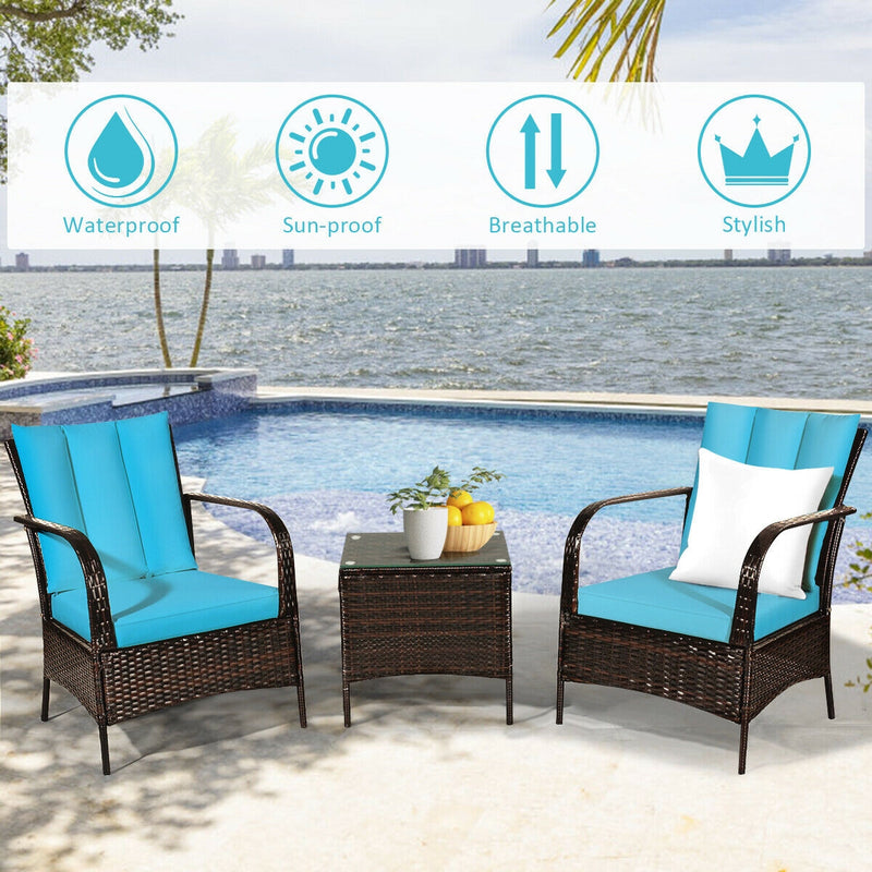 3 Pieces Patio Conversation Rattan Furniture Set with Cushions-Turquoise