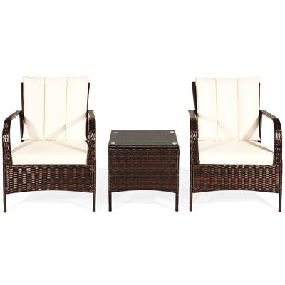 3 Pieces Patio Conversation Rattan Furniture Set with Cushions-White