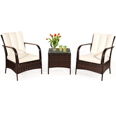 3 Pieces Patio Conversation Rattan Furniture Set with Cushions-White