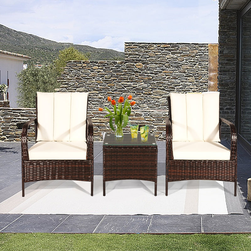 3 Pieces Patio Conversation Rattan Furniture Set with Cushions-White