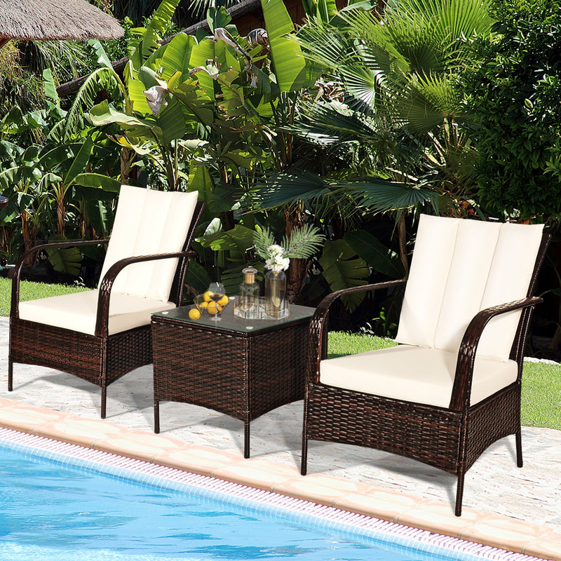 3 Pieces Patio Conversation Rattan Furniture Set with Cushions-White