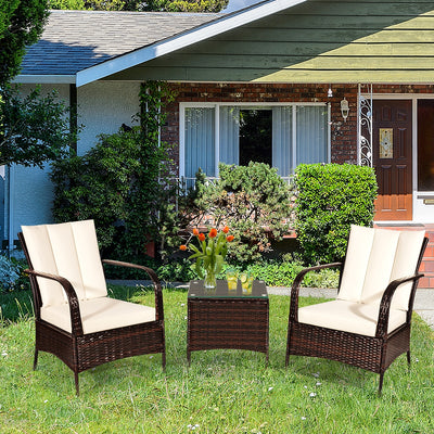 3 Pieces Patio Conversation Rattan Furniture Set with Cushions-White