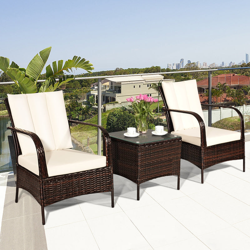 3 Pieces Patio Conversation Rattan Furniture Set with Cushions-White