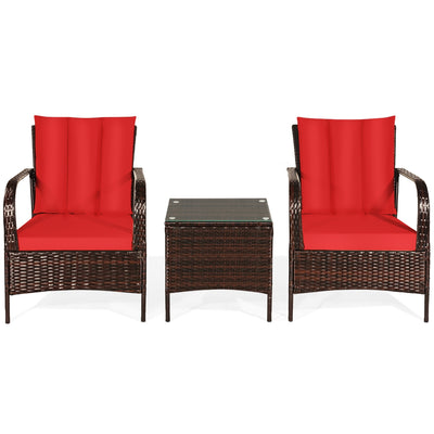 3 Pieces Patio Conversation Rattan Furniture Set with Cushions-Red