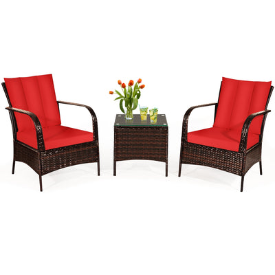 3 Pieces Patio Conversation Rattan Furniture Set with Cushions-Red