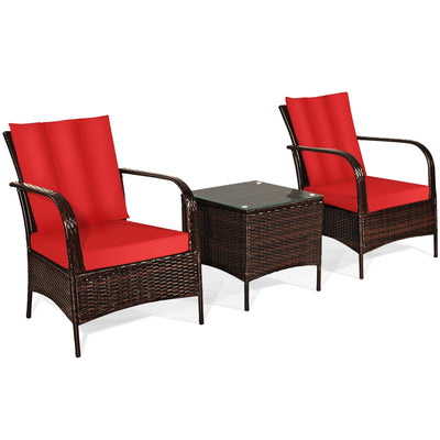 3 Pieces Patio Conversation Rattan Furniture Set with Cushions-Red