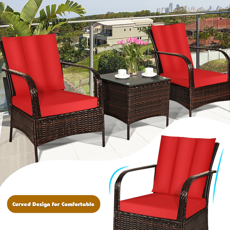 3 Pieces Patio Conversation Rattan Furniture Set with Cushions-Red