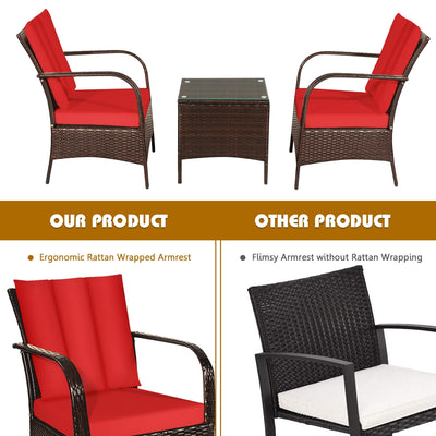 3 Pieces Patio Conversation Rattan Furniture Set with Cushions-Red