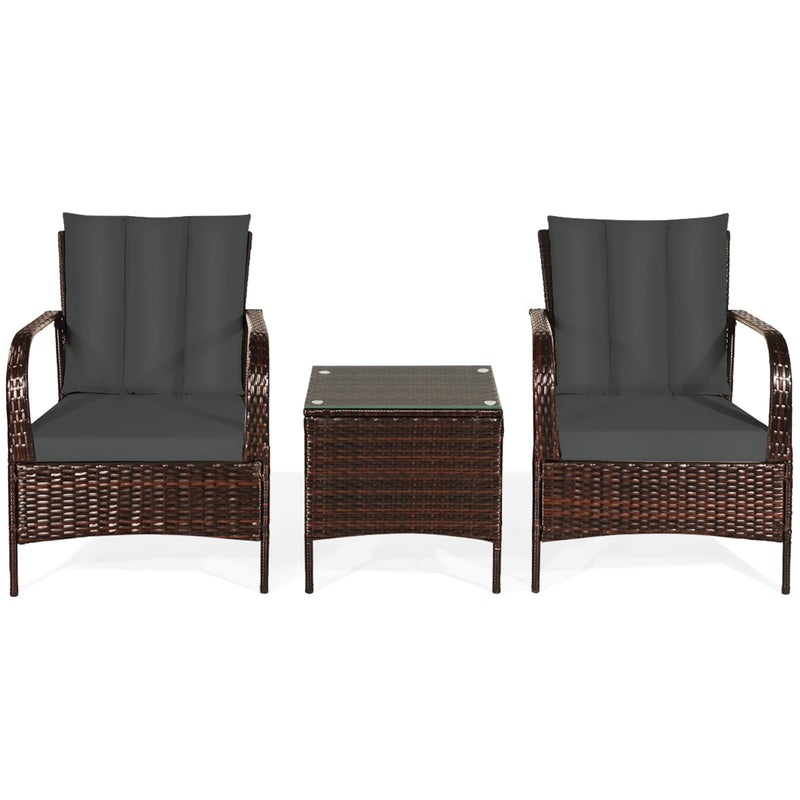 3 Pieces Patio Conversation Rattan Furniture Set with Cushions-Gray