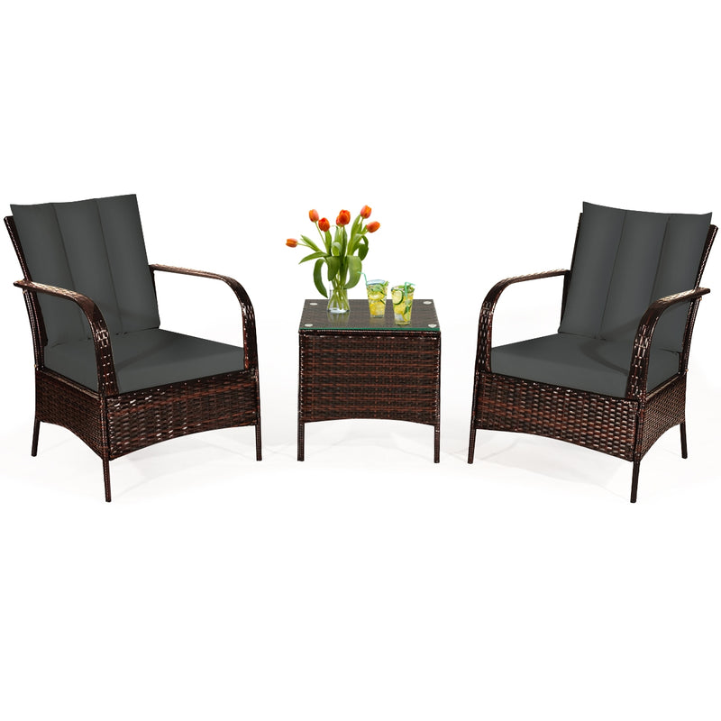 3 Pieces Patio Conversation Rattan Furniture Set with Cushions-Gray